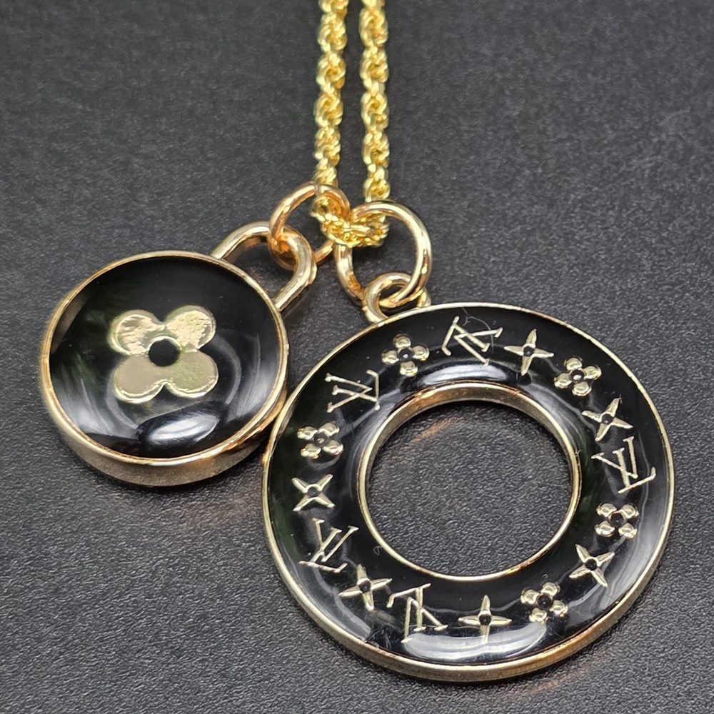 Louis Vuitton Double-Charm Necklace – Black Enamel & Gold • 20" Rope Chain (Gold